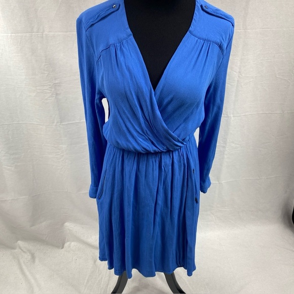 Anthropologie Maeve Blue Lene Faux Wrap Dress Size XS Long Sleeve Zipper Pockets - Picture 1 of 8